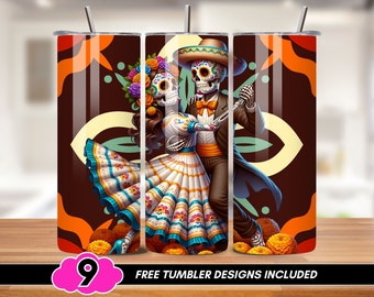 Dancing Sugar Skull Tumbler Wrap, Halloween 20 oz Skinny Tumbler PNG, Sugar Skull Couple Sublimation Design, Floral Day of the Dead Tumbler
