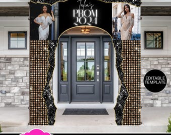 Plantilla de arco para despedida de graduación, fondo para fotos de graduación, arco de bienvenida para entrada de graduación, plantilla de Canva para graduación, decoración glamurosa dorada y negra para graduación, BD122