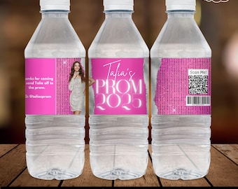 Glam Prom Send Off Water Bottle Label, 2025 party favor Canva template, Pink 2025 Prom Party Gift, DIY Picture Prom Sports Drink Label BD176