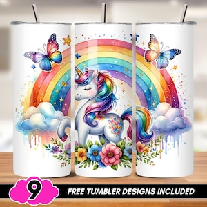 Regenboog eenhoorn 20 oz magere beker wrap, vlinder beker wrap, grillige bloemen beker wrap sublimatie, magische eenhoorn beker, beker, png PNGEgg