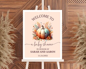 Editable Little Pumpkin Baby Shower Welcome Sign, Printable Fall Baby Shower Welcome Poster, Boho Baby Shower Decor, Gender Neutral BB194