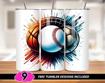 Sports Ball Tumbler Wrap, Sports Mom 20 oz Skinny Tumbler Wrap, Sports Coach Sublimation PNG, Basketball Baseball Soccer Sublimation Design