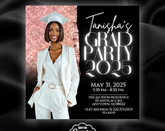 May include: A graduation party invitation with a black background and white text. The text reads "Tanisha's Grad Party 2025". The date and time of the party are listed below the text. The invitation also includes the address of the party and a phone number to RSVP.