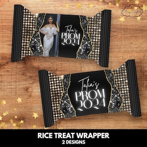 May include: Two designs for a rice treat wrapper featuring a black and gold glitter background with a white text overlay that says "Tafia's Prom 2024". One design includes a photo of a person in a white dress.