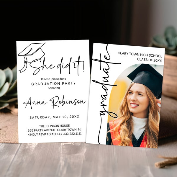 Minimalist Graduation Announcement 2024, She Did It Grad Party Invite Canva Template, ed.d Graduation Invitation, Photo Grad Invite, BD08