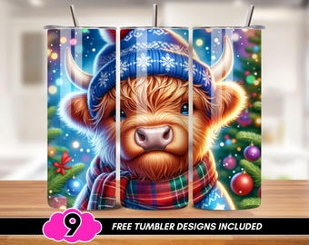 Highland Cow Christmas Tumbler Wrap, 20 oz Skinny Tumbler Wrap, Cute Highland Cow Tumbler PNG, Festive Winter Sublimation Design, Cozy Cow