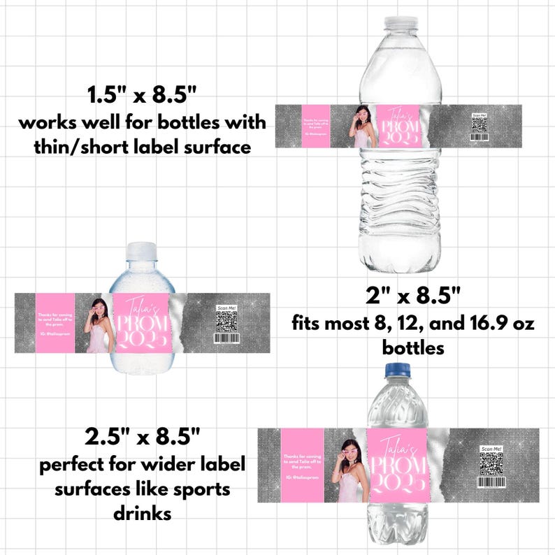 Glam Pink Prom Water Bottle Label, Editable Party Favor Canva Template ...