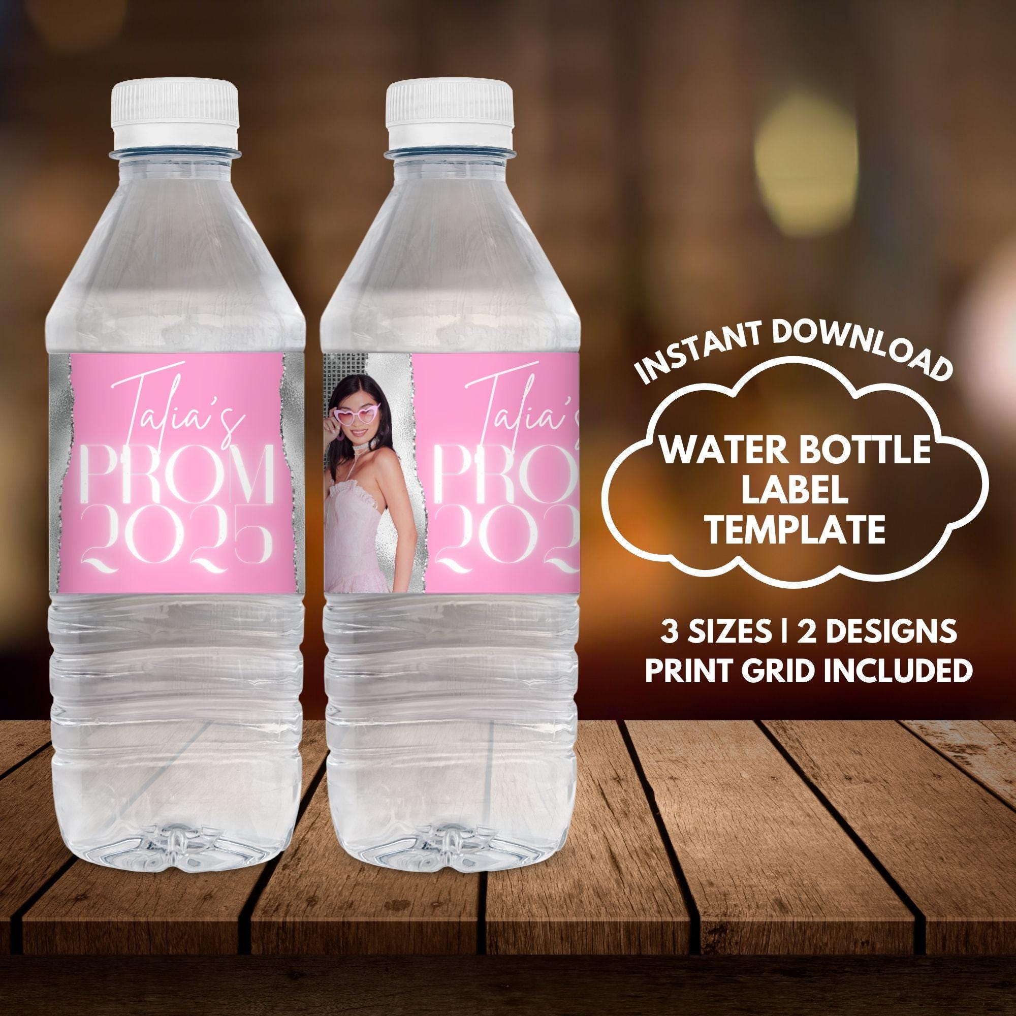 Glam Pink Prom Water Bottle Label, Editable Party Favor Canva Template ...