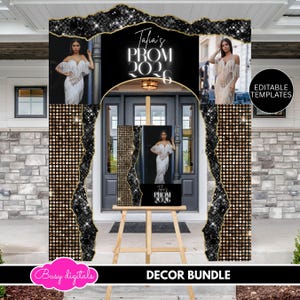 Prom Send Off Template Decor Bundle, 2026 Prom Archway Canva Template, Editable Glam Black & Gold Prom Decor, DIY Prom Welcome Posters BD122