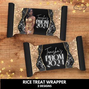 May include: Two designs for rice treat wrappers featuring a black and gold glitter background with a gold and white text overlay that reads "Taisha's Prom 2024". One design includes a photo of a young woman in a gold dress.