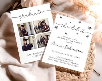 She Did It Graduation Party Invite Template, Minimalist Graduation Announcement 2024, Graduation Invitation 2024, Photo Grad Invite, BD03