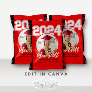 Editable Graduation Chipbag Template, Class of Chip bag Canva Template, Red Grad Party Favors, Custom Photo chipbag, DIY Party Favors, BD29