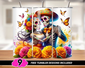 Dancing Sugar Skull Tumbler Wrap, Halloween 20 oz Skinny Tumbler PNG, Sugar Skull Couple Sublimation Design, Watercolor Day of the Dead PNG