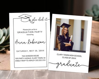 She Did It Graduation Party Invite-sjabloon, minimalistische afstudeeraankondiging 2026, afstudeeruitnodiging 2026, fotograduitnodiging, BD01