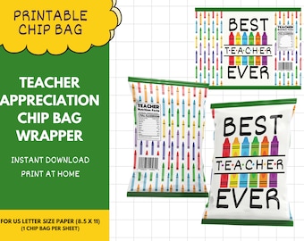 Chip Bag Printable for Teacher Appreciation, Rainbow Crayon Best teacher ever Printable Chipbag for Teachers week, teacher end of year gift