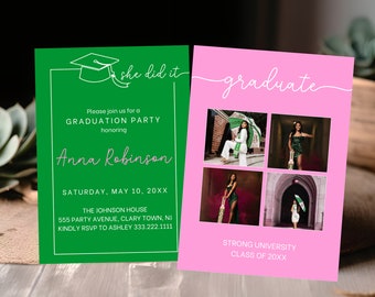 Pink & Green graduation invitation canva template, She did it Minimalist grad announcement class of 2024, AKA Photo grad party invite, BD95