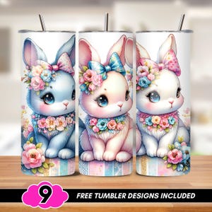 Nahtlose Hasenbecherverpackung, Osterhasen 20 Unzen Becherverpackung, Frühlingskaninchen-Sublimationsdesign, Aquarell-Pastellblumenbecher PNG