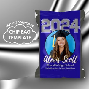 Chip Bag Canva Template for graduation, 2024 graduate custom picture chip bag party favor,  grey and blue grad chip bag, BD31