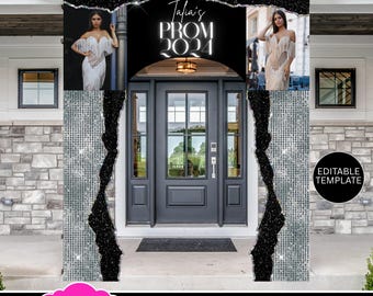 Plantilla de arco de despedida de graduación, decoración glamurosa de entrada en plata y negro, plantilla de Canva para graduación, fondo fotográfico para graduación, arco de bienvenida para graduación BD197