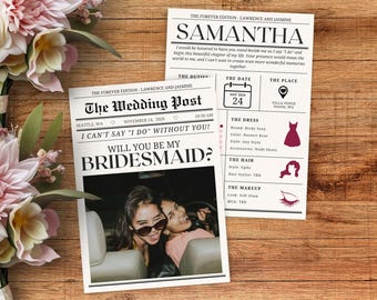 Newspaper Bridesmaid Proposal Card Template, Printable Bridesmaid Info Card, Editable Maid of Honor Proposal, Wedding Party Information Card