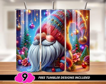 Christmas Gnome Tumbler Wrap, Holiday 20 oz Skinny Tumbler Wraps, Gnomies PNG, Sparkly 3D Winter Sublimation Design, Blue and Pink Tumbler