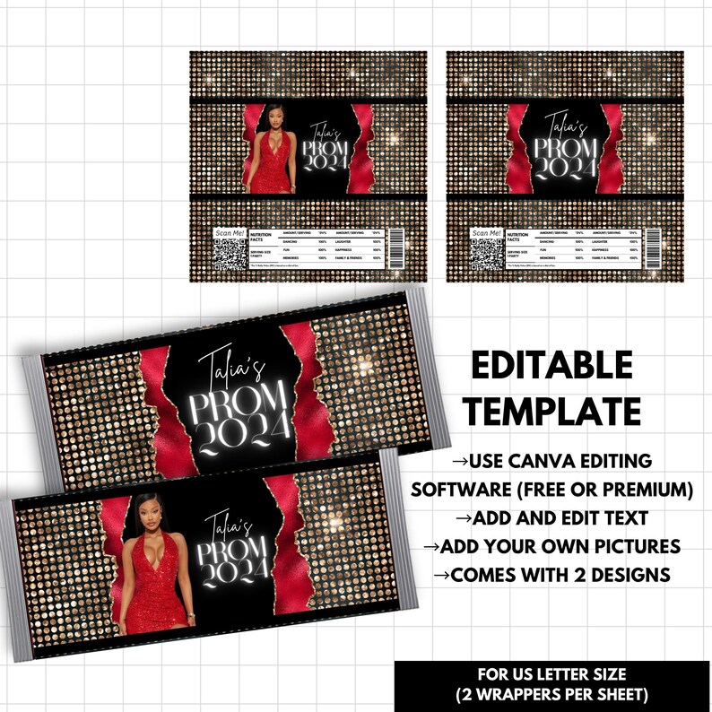 Printable Wrapper Ribbon Editable Prom Chocolate Bar Wrapper Template, DIY Candy Bar Favor ...