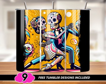 Dancing Sugar Skull Tumbler Wrap, Halloween 20 oz Skinny Tumbler PNG, Sugar Skull Couple Sublimation Design, Day of the Dead Tumbler PNG
