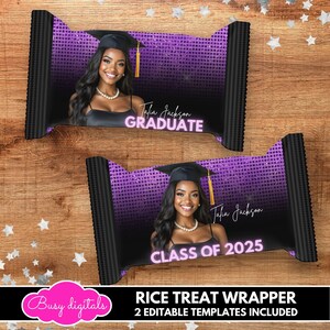 May include: Two rice treat wrappers with a graduation theme. Each wrapper features a photo of a smiling woman in a graduation cap. One wrapper says "GRADUATE" and the other says "CLASS OF 2025". The wrappers have a purple and black design.