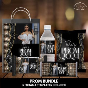 Prom Party Template Bundle, 2026 treat bag canva templates, Editable Glam Black & Gold Prom Send Off Party Favors, DIY Prom Labels BD122
