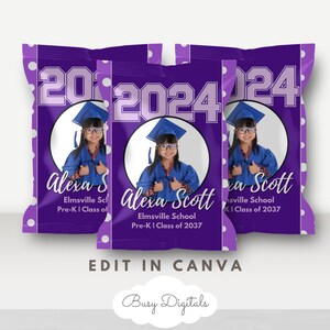 2025 Purple Graduation Chipbag Template, Editable Chip bag Canva template for Grad party favor, DIY printable chipbag wrapper, BD78