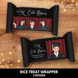 May include: Two designs for a graduation rice treat wrapper. The first design features a black background with a white graduation cap and the name "Carter Robbins" in white script. The second design features a black background with a white graduation cap, the name "Carter Robbins", and the text "Town High School Class of 20XX". Both designs feature a photo of a graduate in a cap and gown.