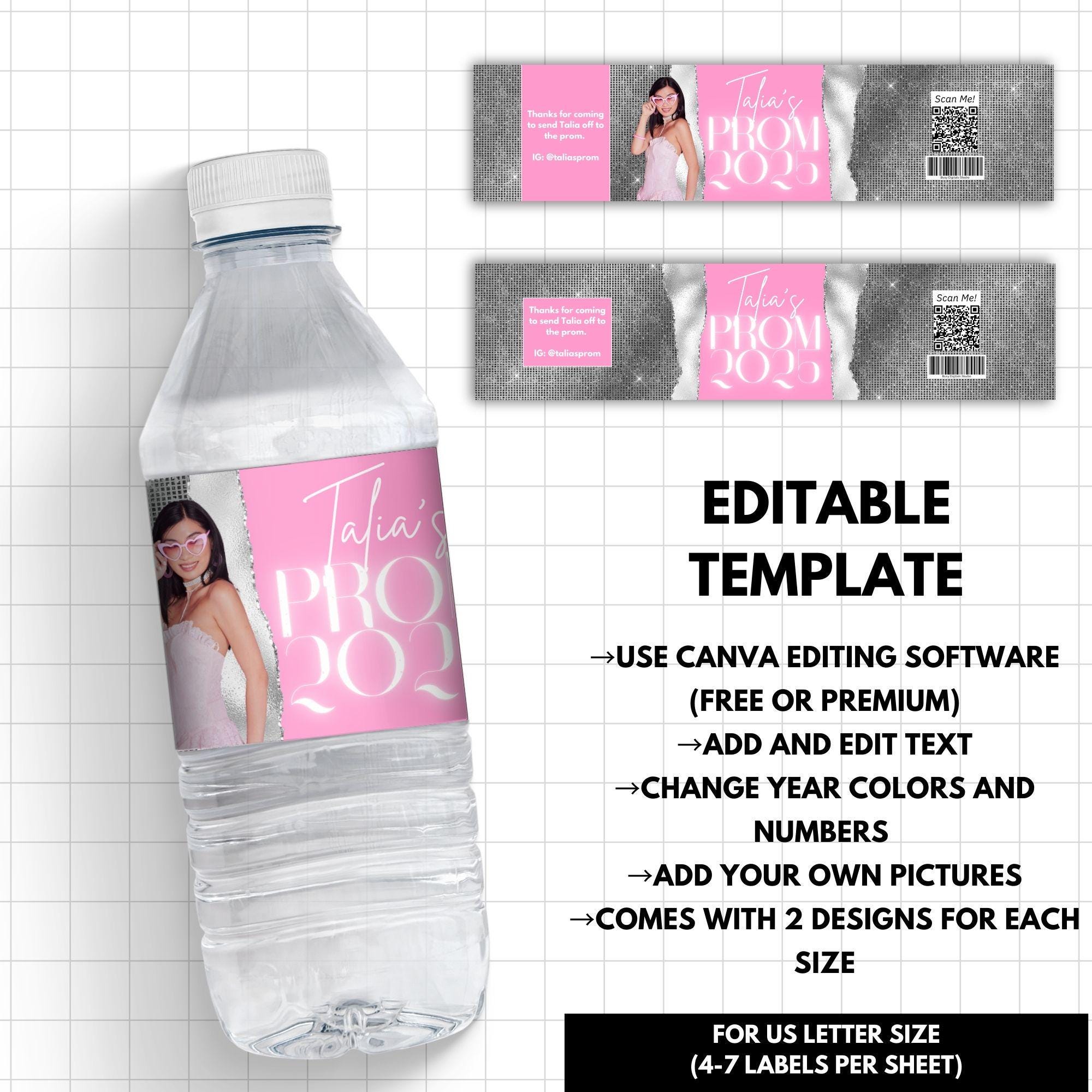 Glam Pink Prom Water Bottle Label, Editable Party Favor Canva Template ...