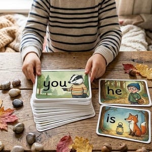 May include: Flashcards with words and illustrations, including "you", "he", and "is". The cards feature cartoon images of a badger, a boy, and a fox. The cards are on a wooden table with autumn leaves and acorns scattered around.