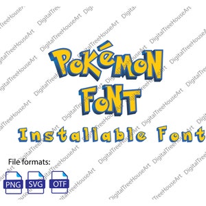 Può includere: Un font digitale ispirato al logo di Pokemon. Il font è giallo con contorni blu e il testo "Pokemon Font" è visualizzato in uno stile 3D in grassetto. Il testo "Installable Font" è visualizzato in blu sotto il logo. I formati di file PNG, SVG e OTF sono visualizzati in caselle sotto il testo.