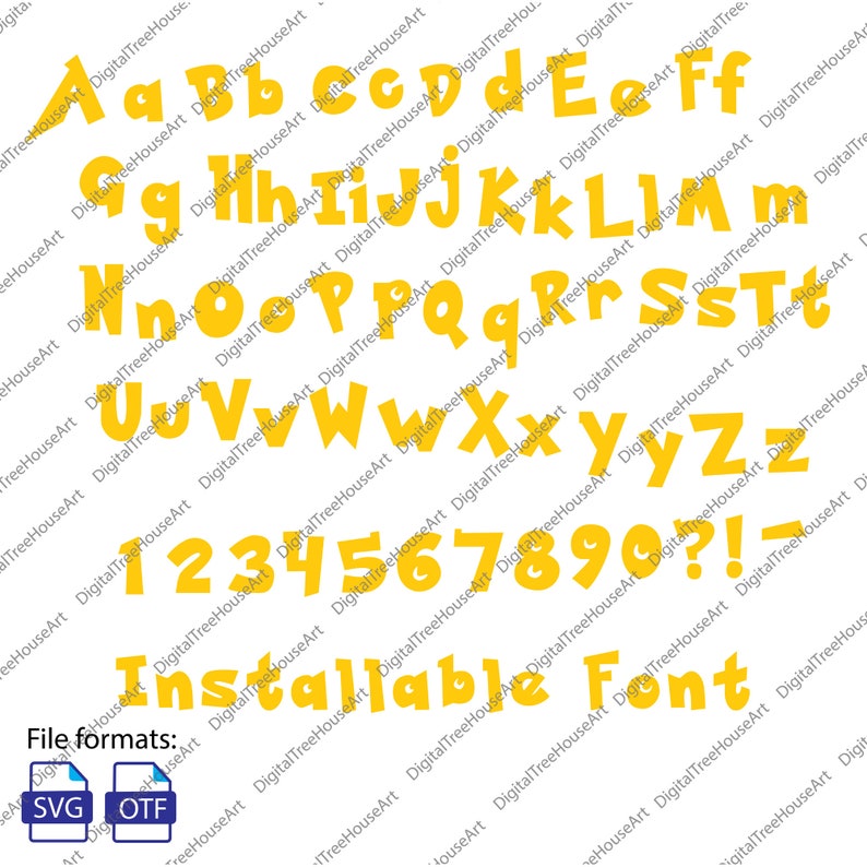 Puede incluir: Una fuente de letras y n&uacute;meros amarilla con un estilo juguet&oacute;n y redondeado. La fuente est&aacute; disponible en los formatos de archivo SVG y OTF.