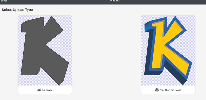Puede incluir: Dos im&aacute;genes que muestran diferentes formas de cargar un dise&ntilde;o para cortar. La primera imagen muestra una silueta gris de la letra K. La segunda imagen muestra una letra K amarilla con un contorno azul y un efecto 3D. El texto "Cortar imagen" est&aacute; debajo de la primera imagen y el texto "Imprimir y luego cortar imagen" est&aacute; debajo de la segunda imagen.