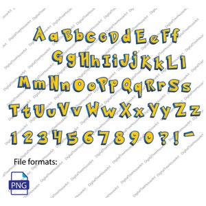 Puede incluir: Un conjunto de letras y n&uacute;meros del alfabeto amarillo y azul. Las letras est&aacute;n en una fuente en negrita de estilo de dibujos animados. Los n&uacute;meros est&aacute;n en un estilo similar.