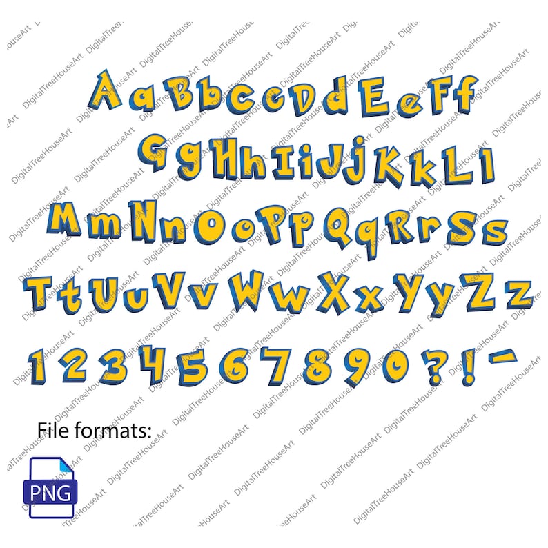 Puede incluir: Un conjunto de letras y n&uacute;meros del alfabeto amarillo y azul. Las letras est&aacute;n en una fuente en negrita de estilo de dibujos animados. Los n&uacute;meros est&aacute;n en un estilo similar.