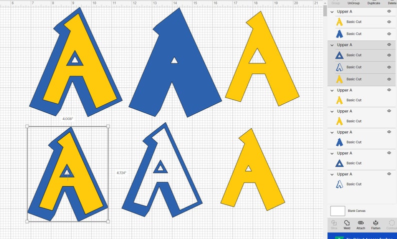 Puede incluir: Seis letras may&uacute;sculas A de diferentes tama&ntilde;os, cuatro son amarillas con un contorno azul y dos son azules con un contorno blanco. Las letras est&aacute;n dispuestas en dos filas de tres.