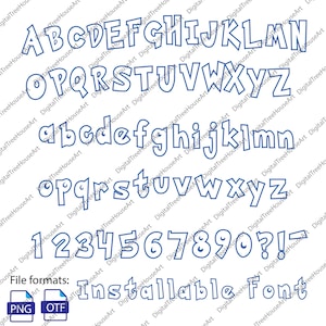 Puede incluir: Una fuente de alfabeto de contorno azul con letras may&uacute;sculas y min&uacute;sculas, n&uacute;meros y signos de puntuaci&oacute;n. La fuente es de estilo de dibujos animados con bordes redondeados. El texto "File formats: PNG OTF Installable Font" est&aacute; debajo del alfabeto.