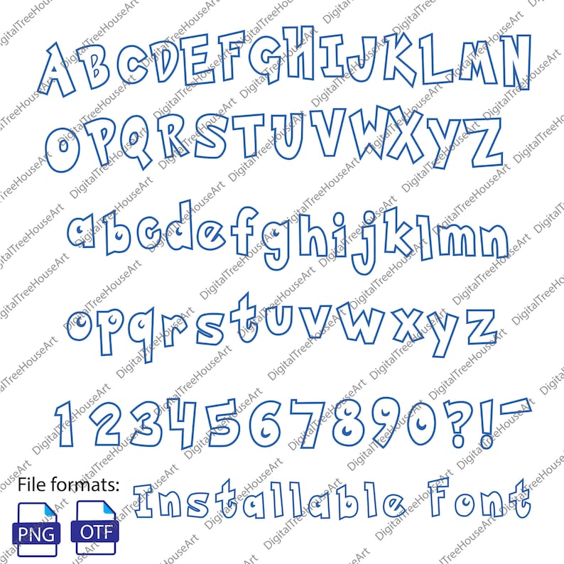 Puede incluir: Una fuente de alfabeto de contorno azul con letras may&uacute;sculas y min&uacute;sculas, n&uacute;meros y signos de puntuaci&oacute;n. La fuente es de estilo de dibujos animados con bordes redondeados. El texto "File formats: PNG OTF Installable Font" est&aacute; debajo del alfabeto.