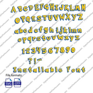 Puede incluir: Una fuente de letras amarilla y azul con letras may&uacute;sculas y min&uacute;sculas, n&uacute;meros y signos de puntuaci&oacute;n. La fuente est&aacute; delineada en azul y rellena de amarillo. El texto "Installable Font" est&aacute; debajo del alfabeto. Los formatos de archivo SVG y OTF se muestran en la esquina inferior izquierda.