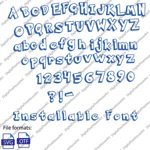 Puede incluir: Una fuente de letras azul y blanca con efecto 3D. La fuente incluye letras may&uacute;sculas y min&uacute;sculas, n&uacute;meros y signos de puntuaci&oacute;n. El texto "Installable Font" tambi&eacute;n est&aacute; incluido en la imagen. Los formatos de archivo SVG y OTF se muestran en la esquina inferior izquierda de la imagen.