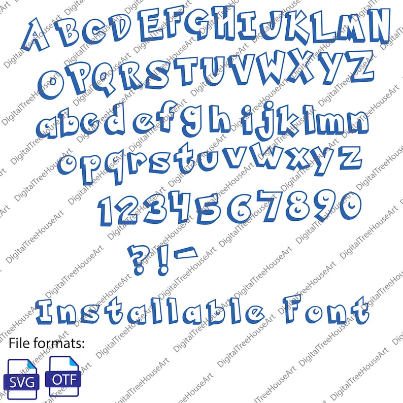 Puede incluir: Una fuente de letras azul y blanca con efecto 3D. La fuente incluye letras may&uacute;sculas y min&uacute;sculas, n&uacute;meros y signos de puntuaci&oacute;n. El texto "Installable Font" tambi&eacute;n est&aacute; incluido en la imagen. Los formatos de archivo SVG y OTF se muestran en la esquina inferior izquierda de la imagen.