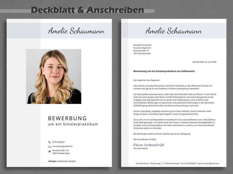 Peut inclure: Un mod&egrave;le de CV avec une photo d'une femme, le texte "Amelie Schaumann" et l'en-t&ecirc;te "Bewerbung um ein Sch&uuml;lerpraktikum" qui se traduit par "Candidature pour un stage".