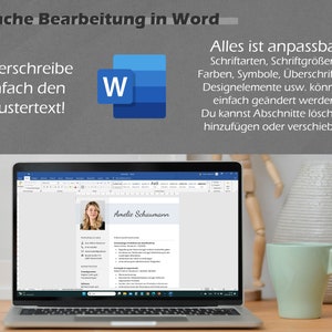 Peut inclure: Un ordinateur portable affichant un document Microsoft Word avec un mod&egrave;le de CV. Le mod&egrave;le de CV est pour une personne nomm&eacute;e Amelie Schaumann. Le document est sur une table en bois avec une tasse vert clair et une figurine en bois.