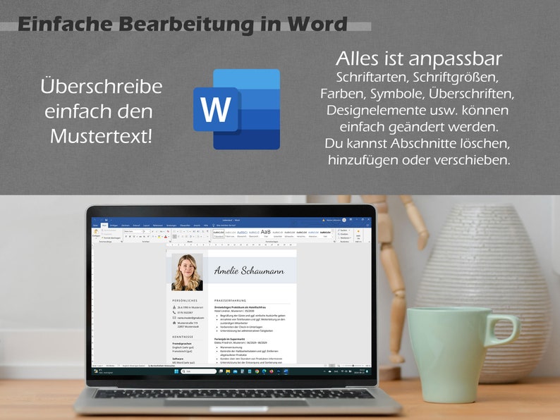 Peut inclure: Un ordinateur portable affichant un document Microsoft Word avec un mod&egrave;le de CV. Le mod&egrave;le de CV est pour une personne nomm&eacute;e Amelie Schaumann. Le document est sur une table en bois avec une tasse vert clair et une figurine en bois.