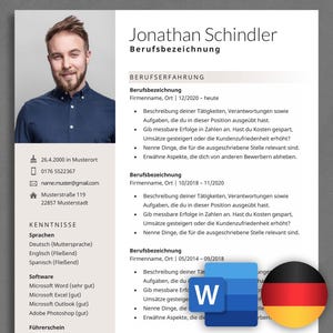 Può includere: Un modello di curriculum con una foto di un uomo con una camicia blu. Il curriculum è in tedesco e include il nome Jonathan Schindler, il titolo Berufsbezeichnung e una sezione per l'esperienza lavorativa intitolata Berufs Erfahrung. Il curriculum include anche una sezione per le competenze intitolata Kenntnisse.