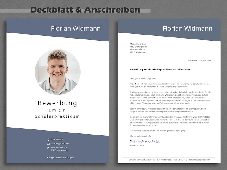 Op de afbeelding: Een formele sollicitatiebrief voor een stage als douanebeambte. De brief is gericht aan Frau Hagmann, en de sollicitant heet Florian Widmann. De brief is gedateerd 23 juni 2020.