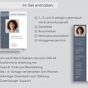 May include: A digital download of a resume template in a blue and gray color scheme. The template includes a cover letter, motivation letter, and a table of contents. The template is available in Microsoft Word format and is designed for A4 paper size.